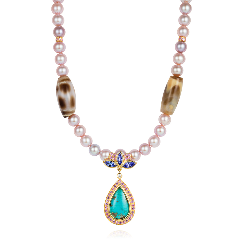 Blue-Lotus-necklace-set-with-Tibetan-dzi-beads-tanzanite-pink-sapphires-antique-Tibetan-turquoise-and-fancy-pearls-in-18k-gold