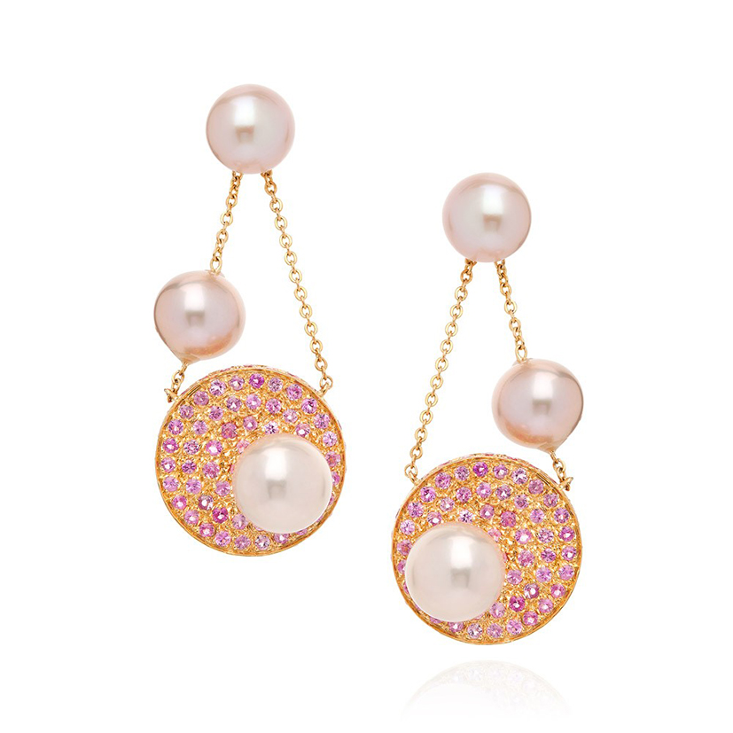 Disc-earrings-pink-sapphires-fancy-pearls-18k-gold