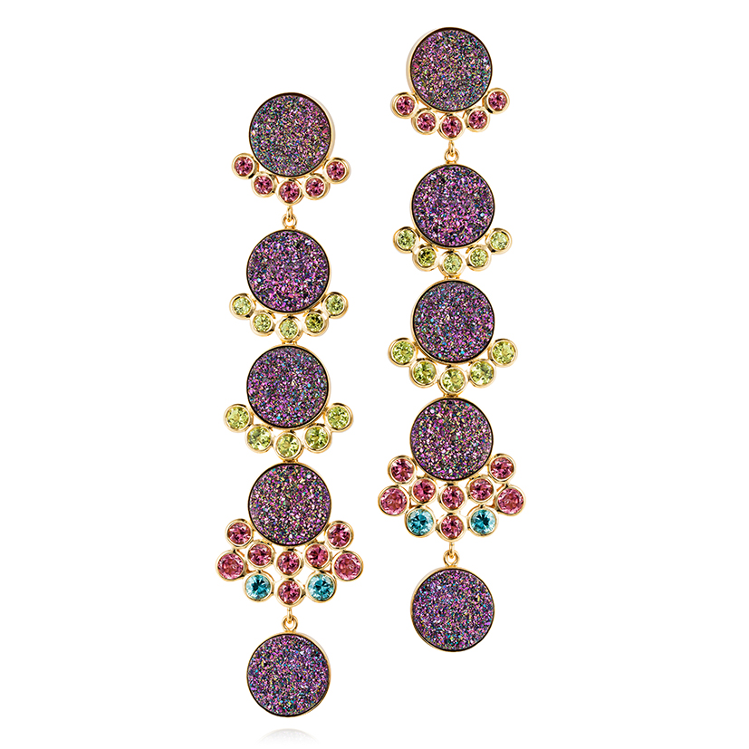 Donna-earrings-set-with-treated-Druzy-pink-tourmalines-peridots-and-blue-zircons-in-18k-gold