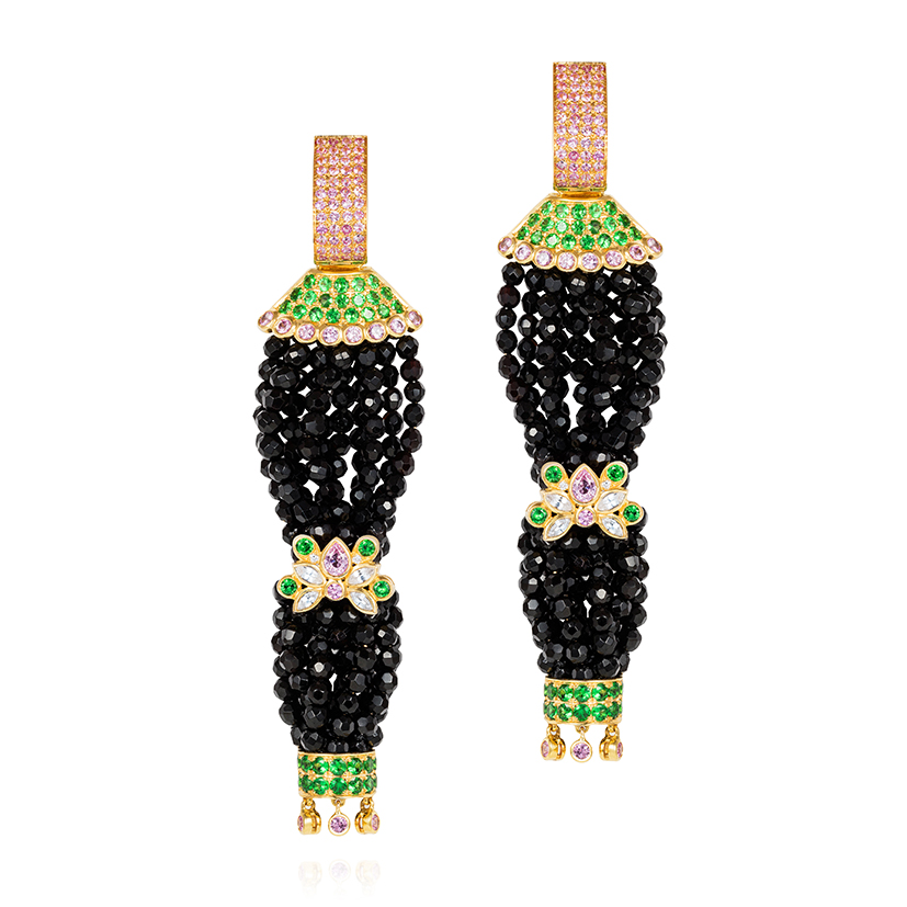 Pagoda-earrings-set-with-pink-sapphires-tsavorite-garnets-white-sapphires-diamonds-on-faceted-onyx-beads-in-18k-gold