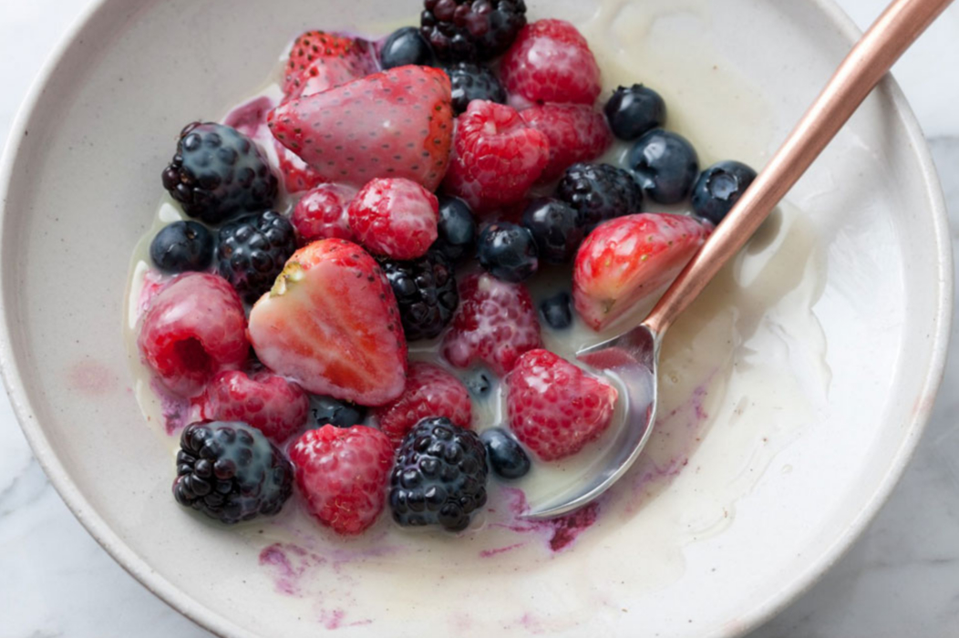 Frozen Berries with Hot White Chocolate Sauce.